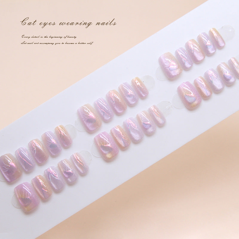 Enchanted Glow Short Round Pink Iridescent Press On Nail Set with Shimmer Finish