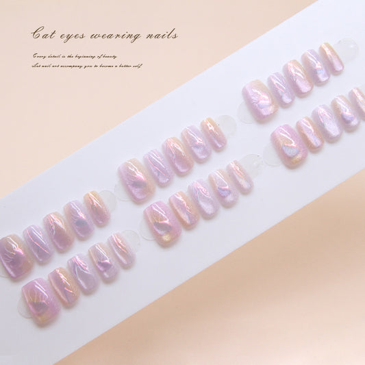 Enchanted Glow Short Round Pink Iridescent Press On Nail Set with Shimmer Finish