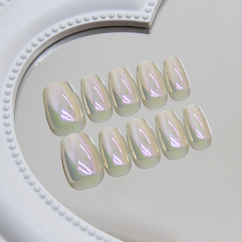 Enchanted Glow Short Round Light Beige Press On Nails with Iridescent Sheen Finish