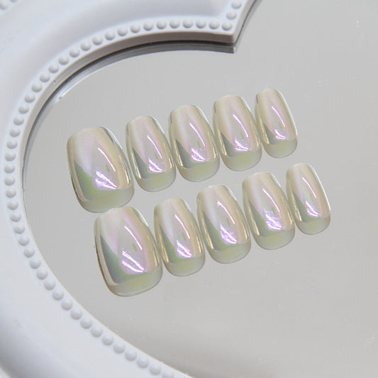 Enchanted Glow Short Round Light Beige Press On Nails with Iridescent Sheen Finish