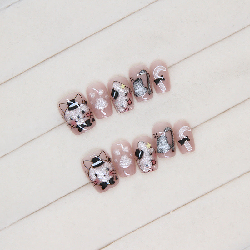 Enchanted Cat-Themed Short Round Pink Glitter Press On Nail Set with 3D Accents