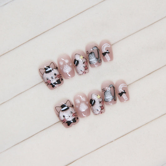 Enchanted Cat-Themed Short Round Pink Glitter Press On Nail Set with 3D Accents