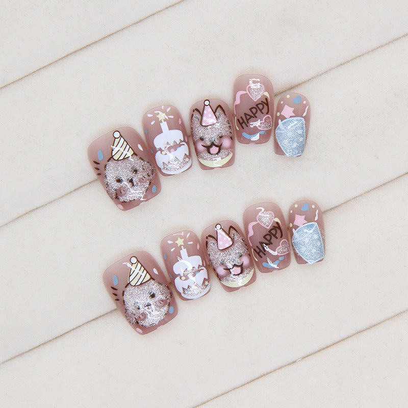 Enchanted Celebration: Short Round Pastel Pink & Glitter, 3D Embellished Bunny Design Press on Nail Set