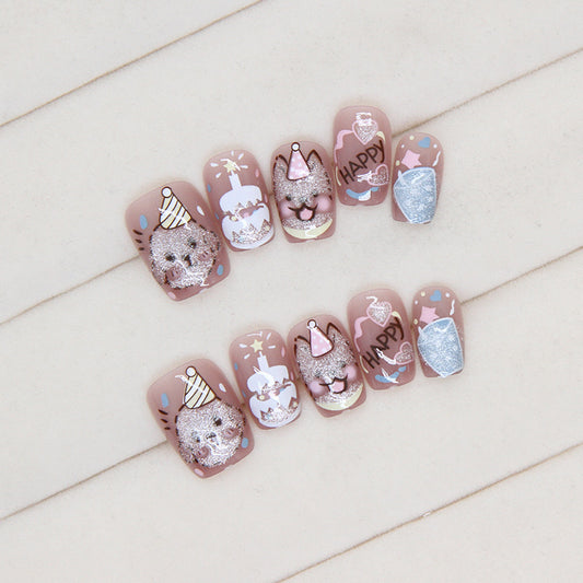 Enchanted Celebration: Short Round Pastel Pink & Glitter, 3D Embellished Bunny Design Press on Nail Set