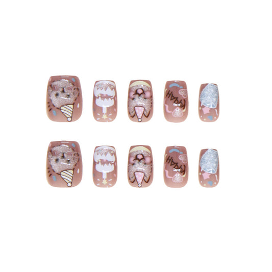 Whimsical Dessert Delight Short Round Press On Nail Set in Pastel Pink with Glitter Accent