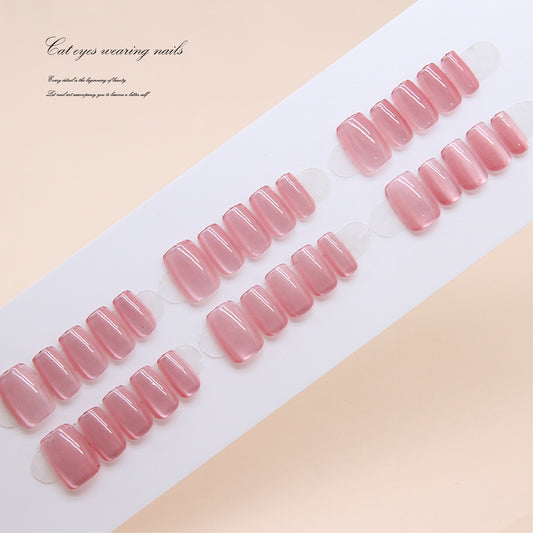 Elegant Charm Short Oval Pink Press On Nail Set with Shimmering Cat Eye Effect