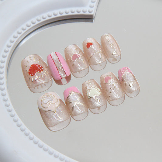Enchanted Garden Short Round Pink and Beige Press-On Nail Set with Floral and Butterfly Accents