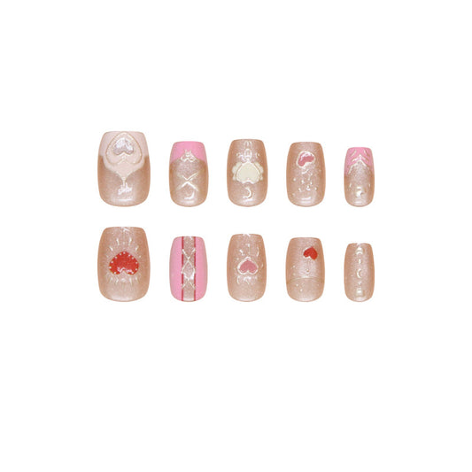 Enchanted Dessert Oasis Short Round Beige Press On Nail Set with Sparkling Accents and Touches of Pink