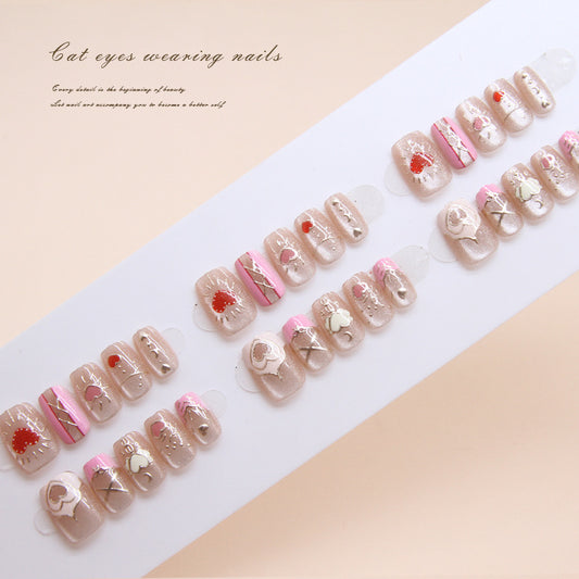 Enchanted Garden Short Round Pastel Pink and Beige Press on Nails with Floral Accents