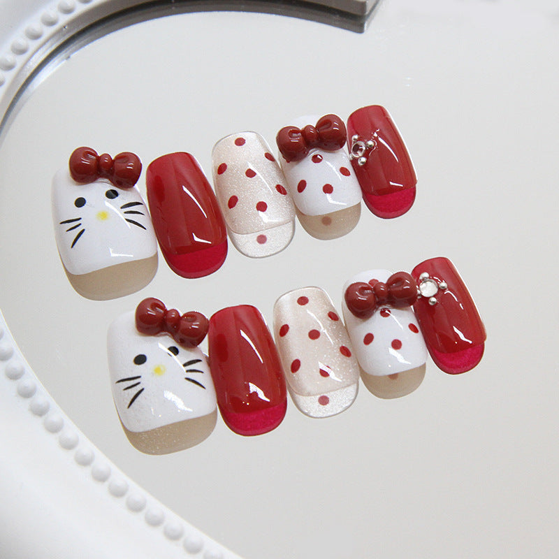 Hello Kitty Inspired Red And White Square Press On Medium Nail Set With Bow And Polka Dot Design 10 Pieces