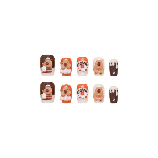 Sweet Delight Bear Themed Short Square Ombre Brown and Orange Press On Nail Set with Adorable Love Designs