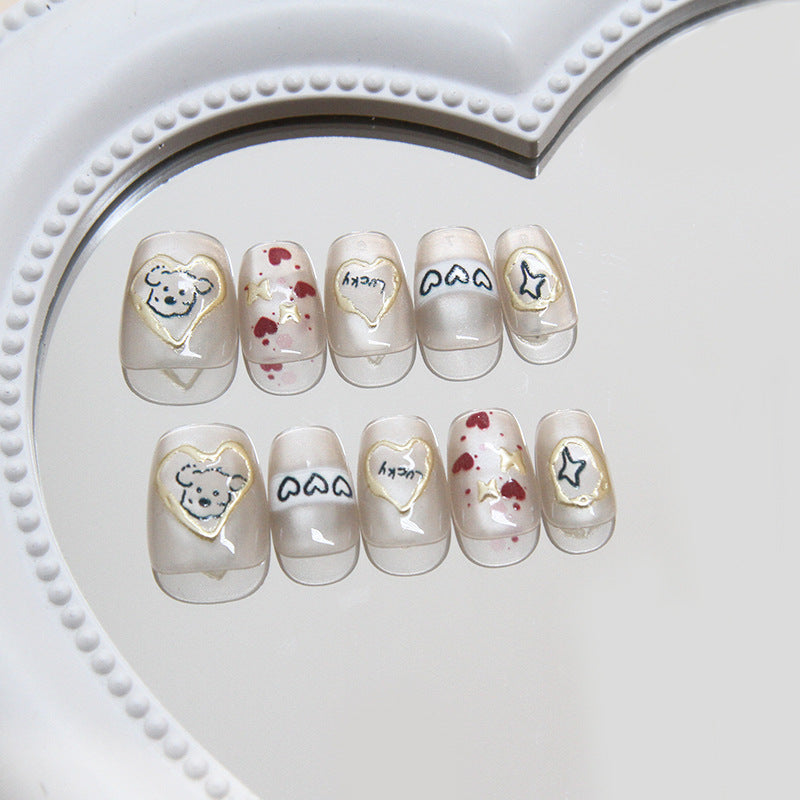 Cute Bear Love Theme Long Square Clear Press On Nail Set with Red Hearts and Whimsical Designs