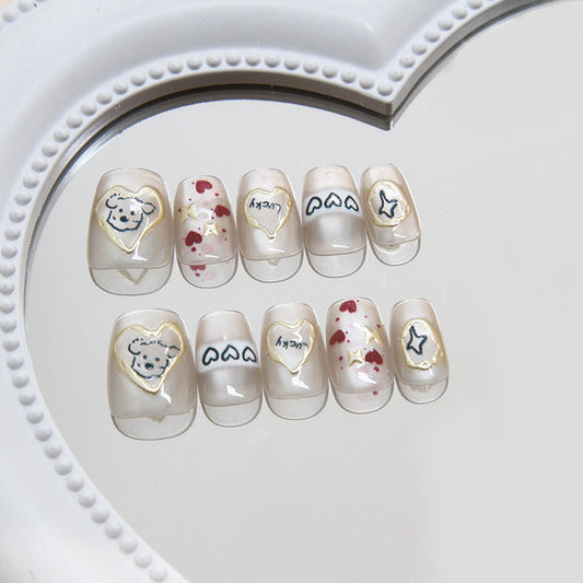 Cute Bear Love Theme Long Square Clear Press On Nail Set with Red Hearts and Whimsical Designs