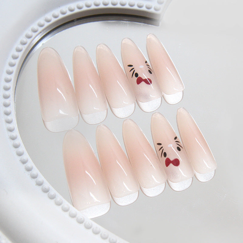 Whimsical Charm Long Almond Pink Ombre Nails With Cute Expressions