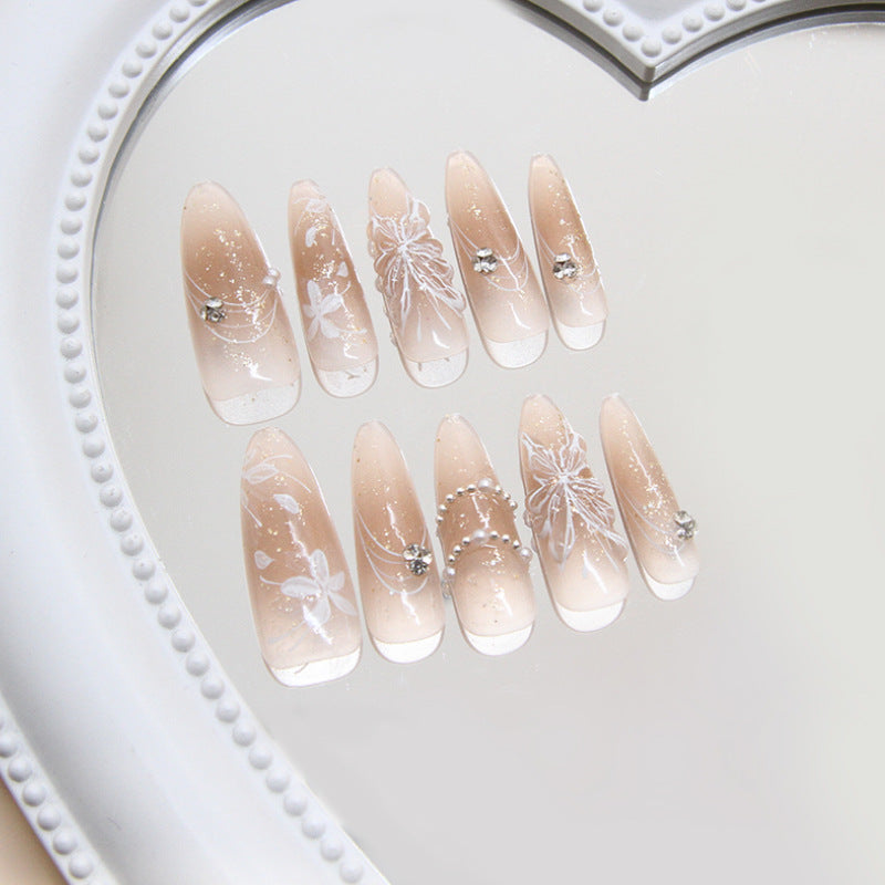 Elegant Dreams Long Almond Blush Beige Press-On Nail Set with Floral Design and Sparkling Accents