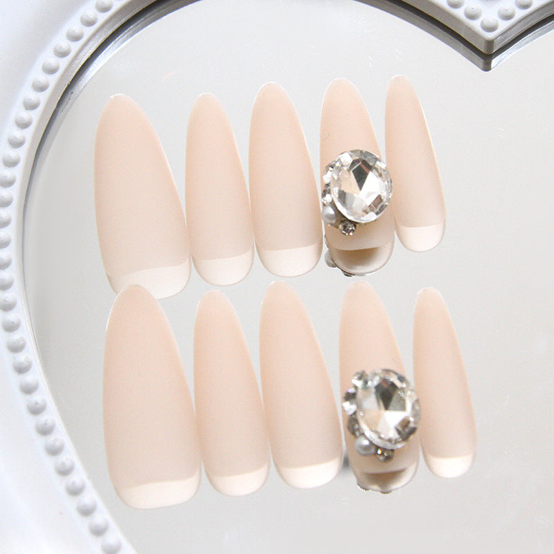Elegant Serene Long Almond Shaped Blush Press On Nails with Stunning Gemstone Accent