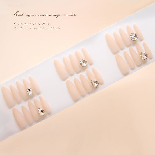 Glamorous Elegance Long Almond Soft Peach with Sparkling Gems Press On Nail Set
