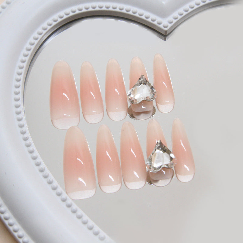 Charming Elegance Long Almond Pink Gradient Press On Nails with Crystal Accent