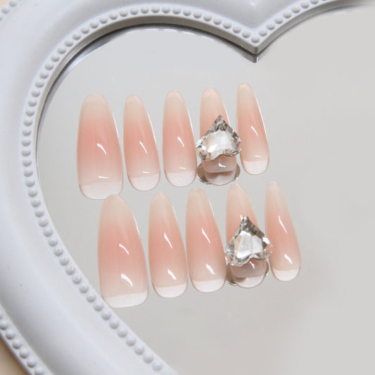 Charming Elegance Long Almond Pink Gradient Press On Nails with Crystal Accent