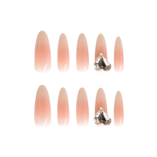 Elegant Blossom Long Almond Pink Ombre Press On Nail Set with Gemstone Accent