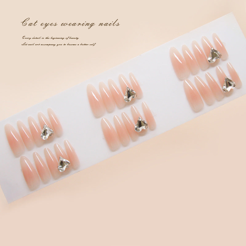 Enchanting Glamour Lengthy Long Almond Pink Cat Eye Press-On Nail Set with Sparkling Rhinestone Accents