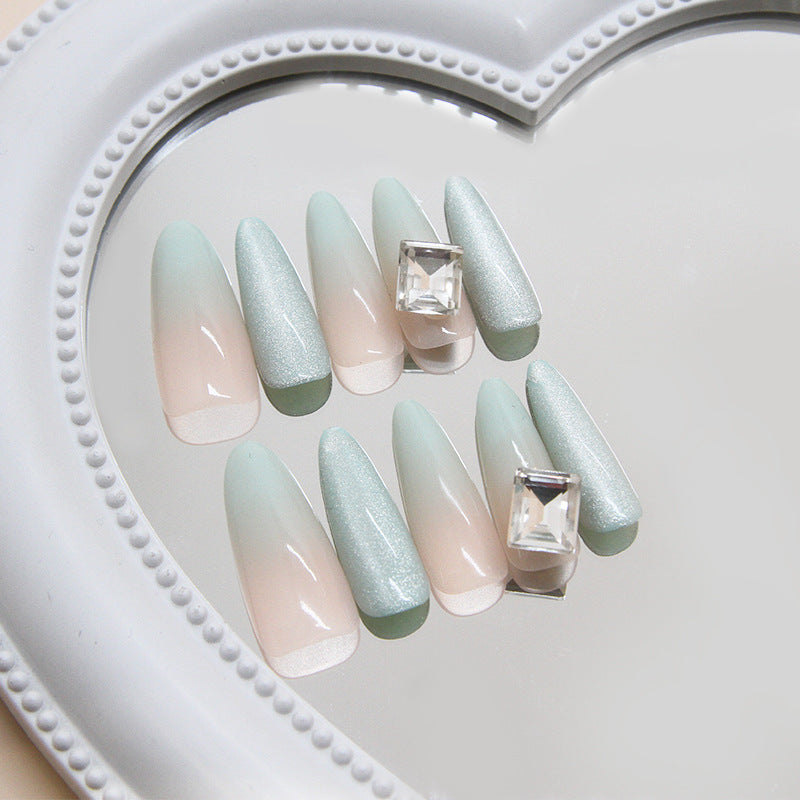 Enchanting Serenity Dreamy Ombre Long Almond Mint Green Press On Nail Set with Glamorous Gem Accent