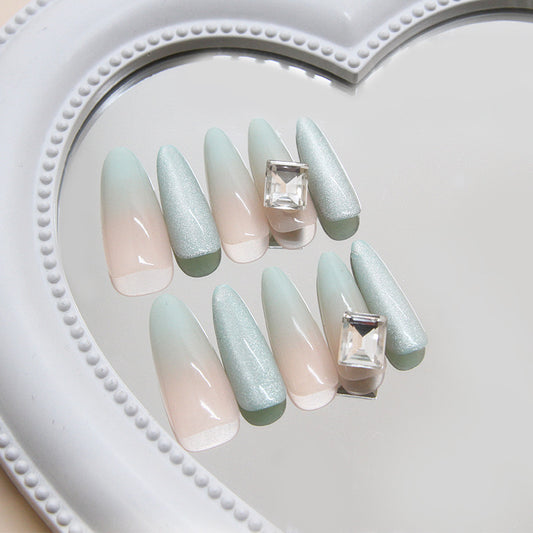 Enchanting Serenity Dreamy Ombre Long Almond Mint Green Press On Nail Set with Glamorous Gem Accent