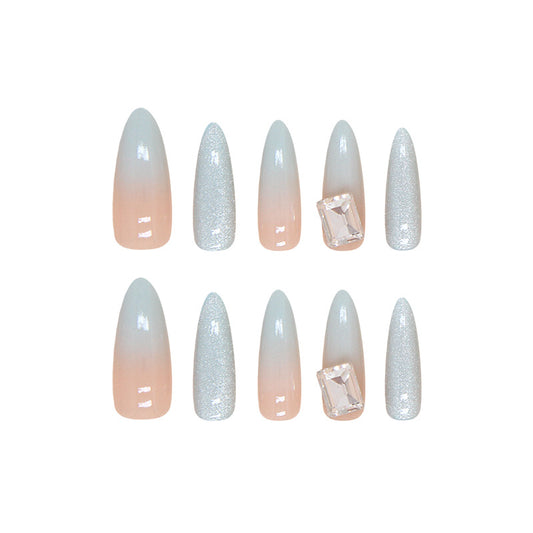 Glamorous Fairy Tale Long Almond Gradient Pink and Silver Nails with Stunning Rhinestone Accents
