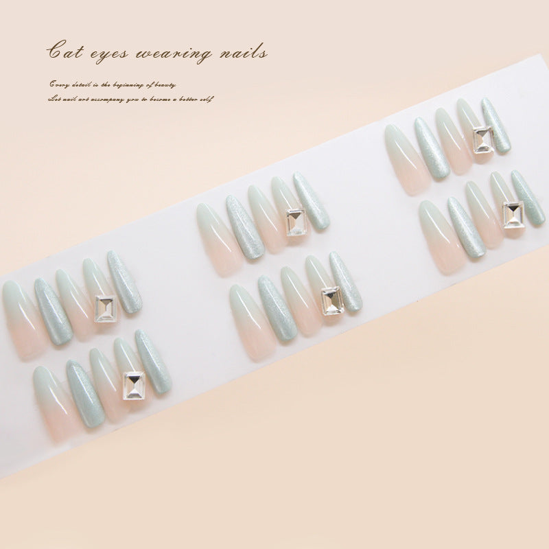 Mystical Elegance Long Almond Shaped Light Green with Glitter and Gem Accents Press On Nail Set