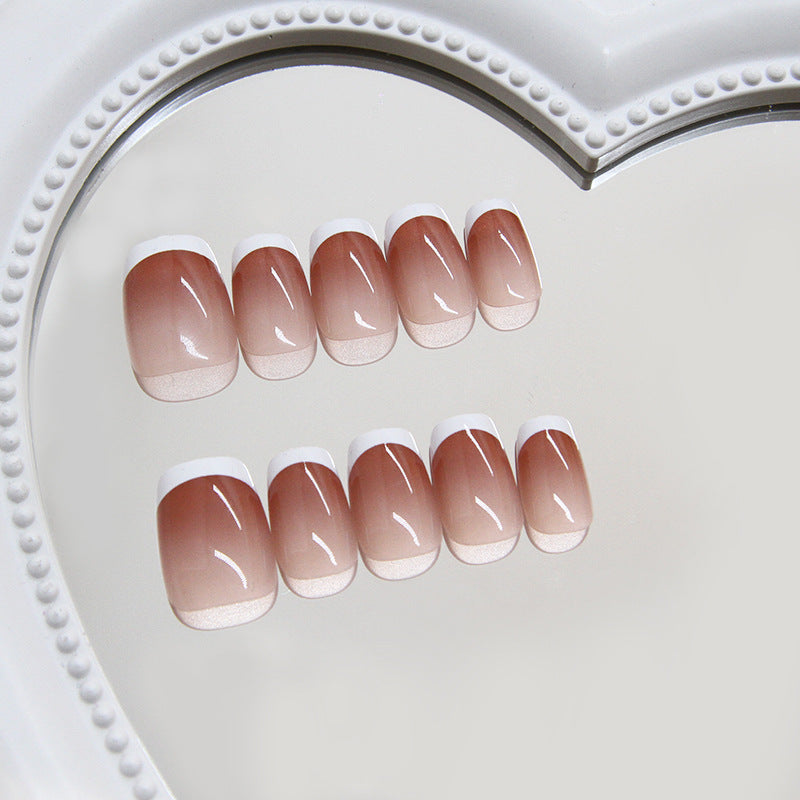Elegant Ombre Press On Nail Set Short Square Beige with Glossy French Tips