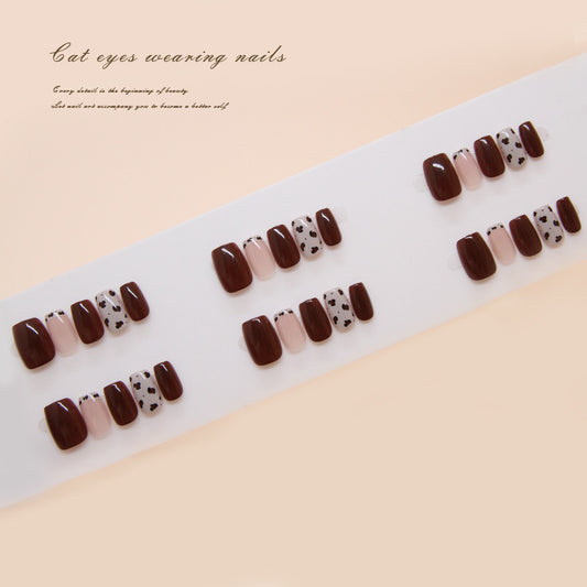 Whimsical Feline Charm Short Square Glossy Brown and Soft Pink with Adorable Cat Print Press on Nail Set