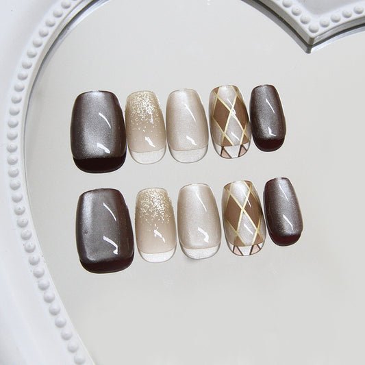 Chic Elegance Short Coffin Brown Ombre Set with Glitter and Geometric Accents