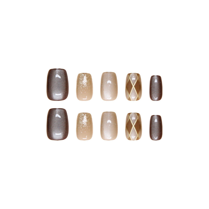 Elegant Earth Tone Collection Short Square Shape Neutral Brown and Beige Press-On Nail Set with Sparkling and Geometric Designs