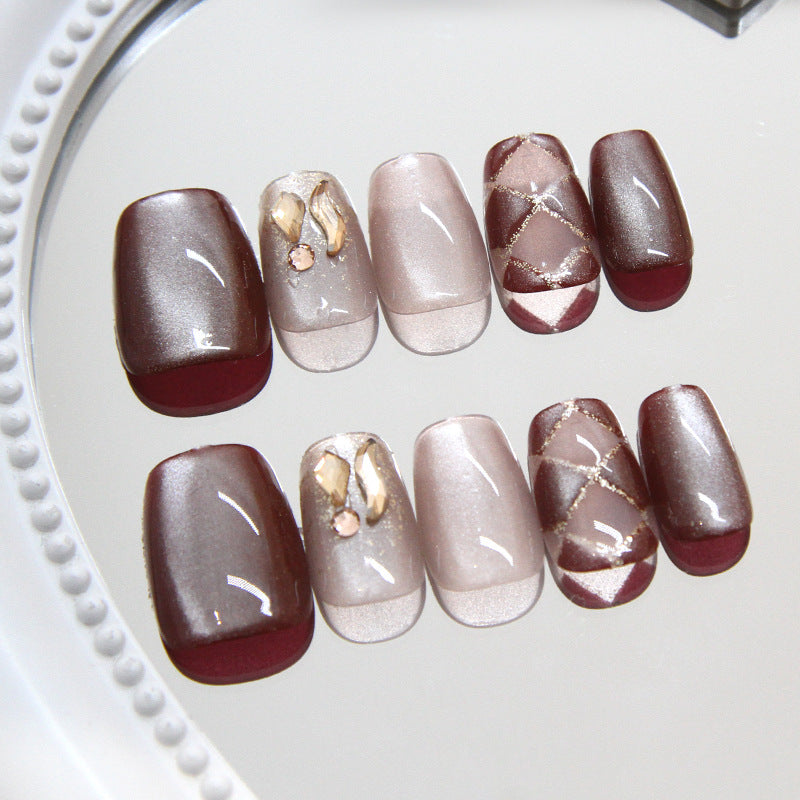 Chic Elegance Short Coffin Burgundy and Beige Ombre Nail Set with Sparkling Accent Design