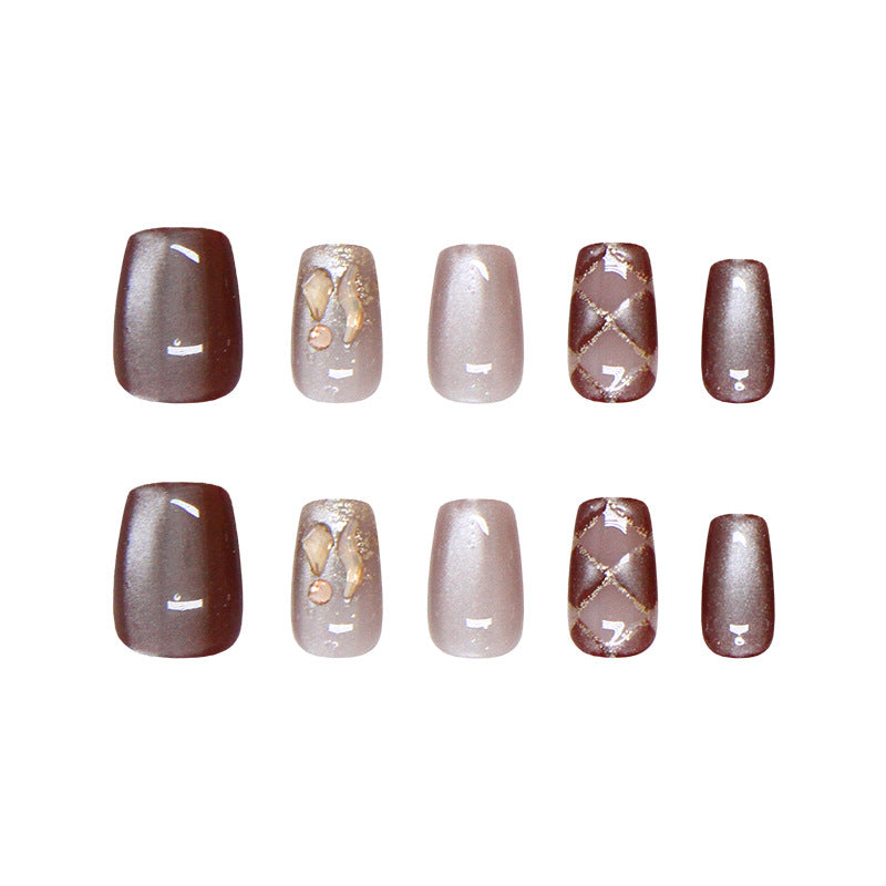 Elegant Jewel Tones Short Square Brown and Beige Gradient Nail Set with Glittering Accents