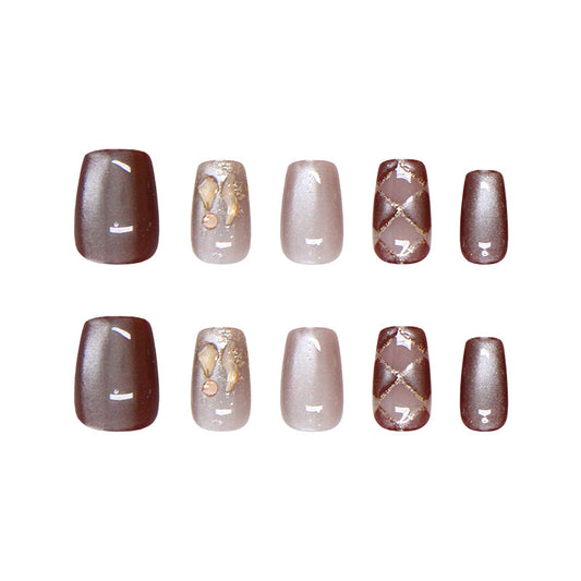 Elegant Jewel Tones Short Square Brown and Beige Gradient Nail Set with Glittering Accents