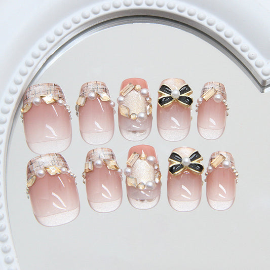 Chic Elegance Press on Nails Set Short Square Gentle Pink with Pearl and Bow Accents