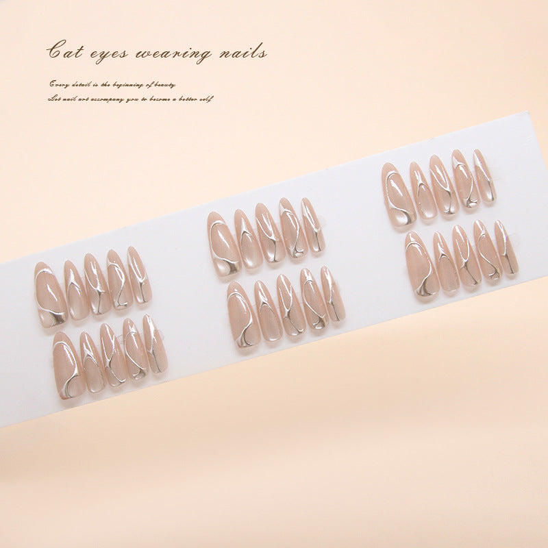 Enchanting Elegance Long Almond Beige Press On Nails with Silver Accent Detail