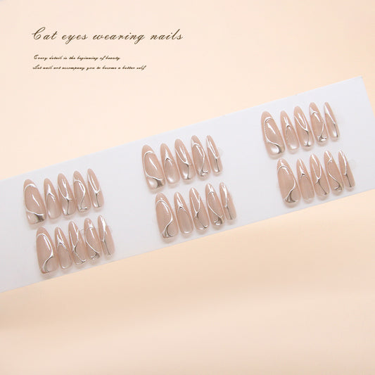 Enchanting Elegance Long Almond Beige Press On Nails with Silver Accent Detail