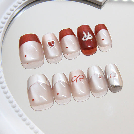 Charming Romance Short Square Almond Red and Beige Press On Nail Set with Heart and Bow Accents