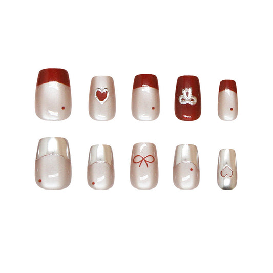 Romantic Whimsy Short Square Beige with Red Accents and Charming Heart Designs Press On Nail Set
