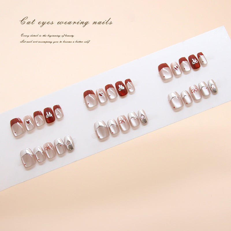 Elegant Harmony Press-On Nail Set in Short Square Burgundy and Cream with Charming Heart and Bow Designs