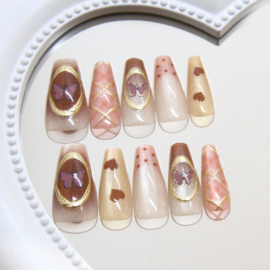 Whimsical Fluttering Hearts Long Coffin Peach and Beige Press-On Nail Set with Butterfly and Heart Designs