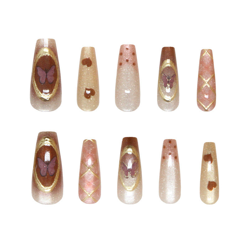 Whimsical Butterfly Design Long Coffin Shaped Blush Pink Press On Nail Set with Sparkling Glitter Accents