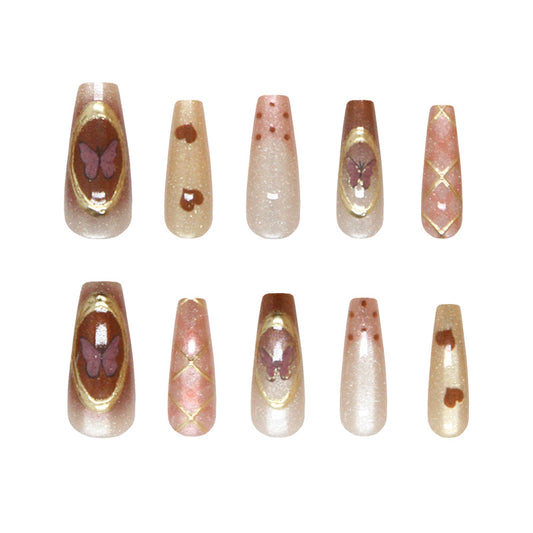 Whimsical Butterfly Design Long Coffin Shaped Blush Pink Press On Nail Set with Sparkling Glitter Accents