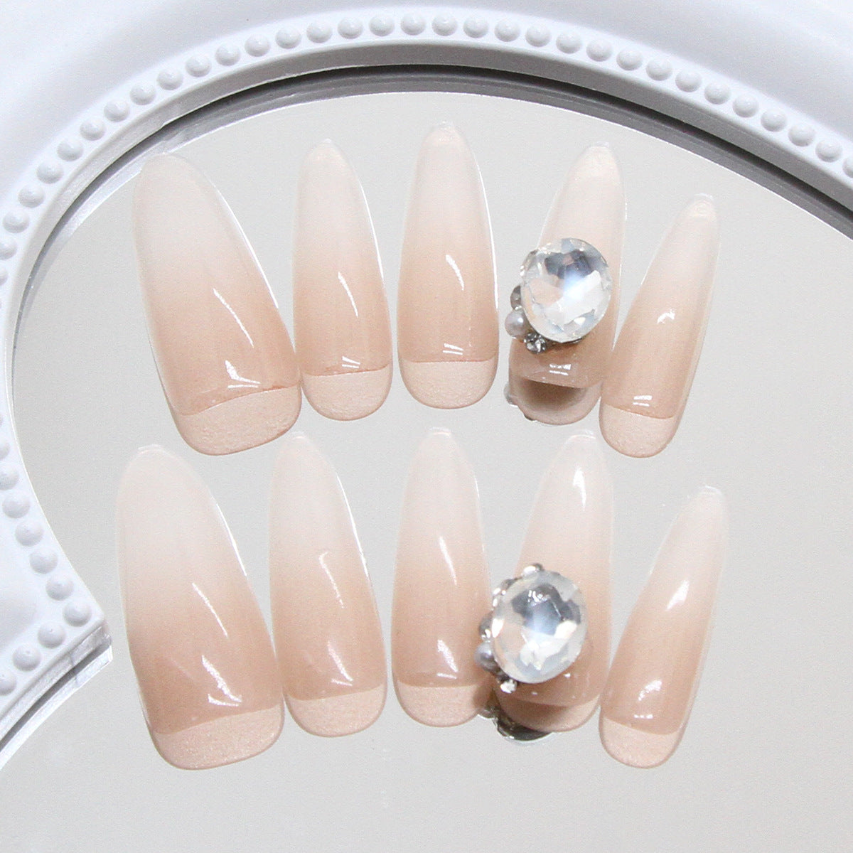 Elegant Bliss Long Almond Gradient Beige Press On Nail Set with Sparkling Gemstone Accent