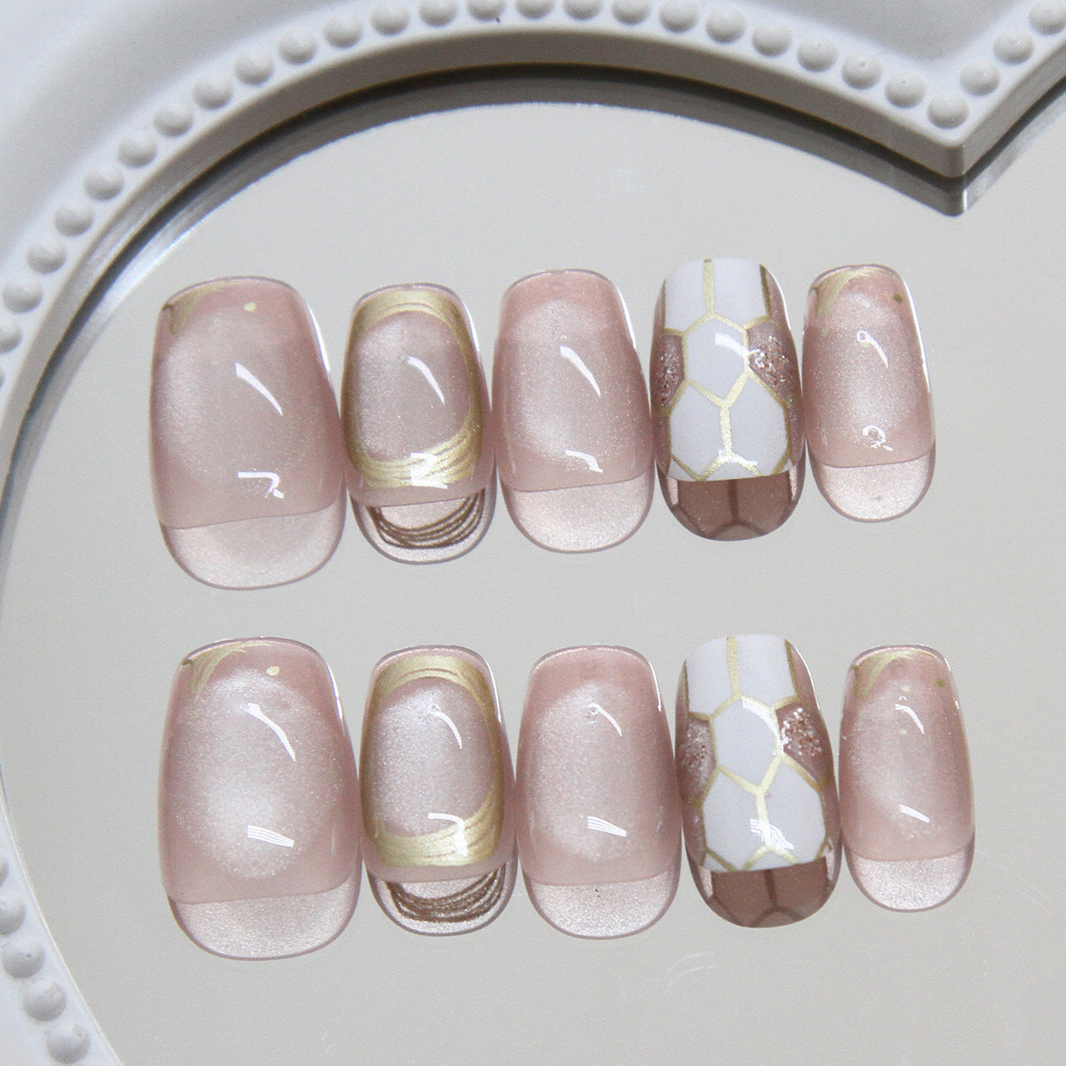 Glamorous Elegance Short Coffin Blush Pink Press On Nail Set with Unique Gold Accents