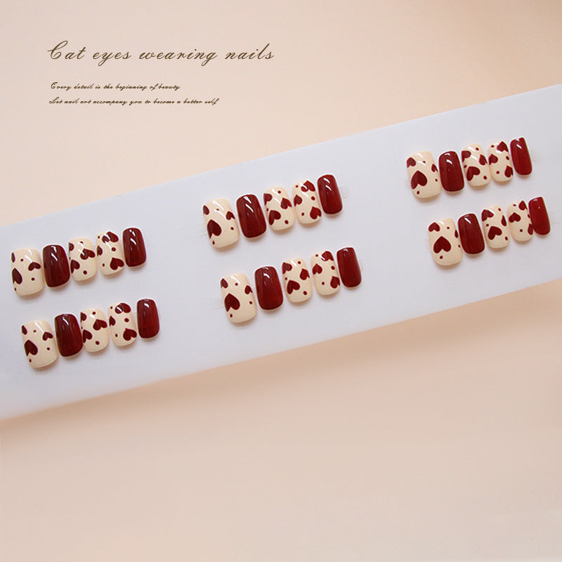 Charming Heart Theme Short Square Cream and Burgundy Nails with Unique Heart Patterns