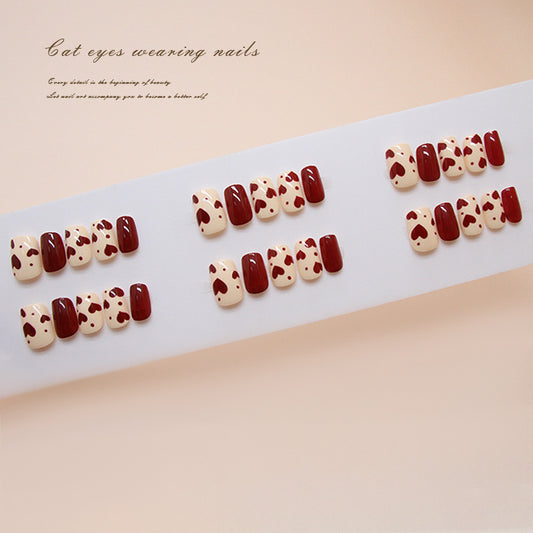 Charming Heart Theme Short Square Cream and Burgundy Nails with Unique Heart Patterns