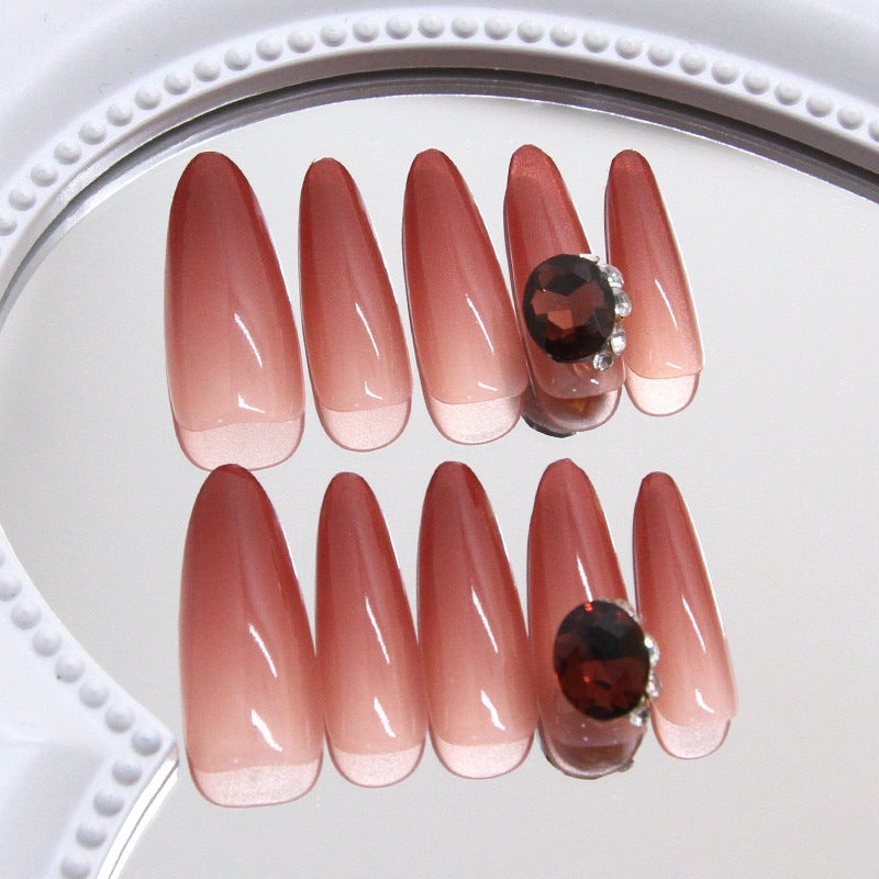 Glamorous Elegance Long Almond Ombre Pink Press On Nail Set with Sparkling Gemstone Accent